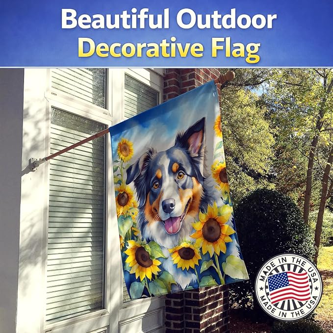 Caroline's Treasures DAC6014CHF Australian Shepherd in Sunflowers House Flag Large Porch Sleeve Pole Decorative Outside Yard Banner Artwork Wall Hanging, Polyester, House Size, Multicolor