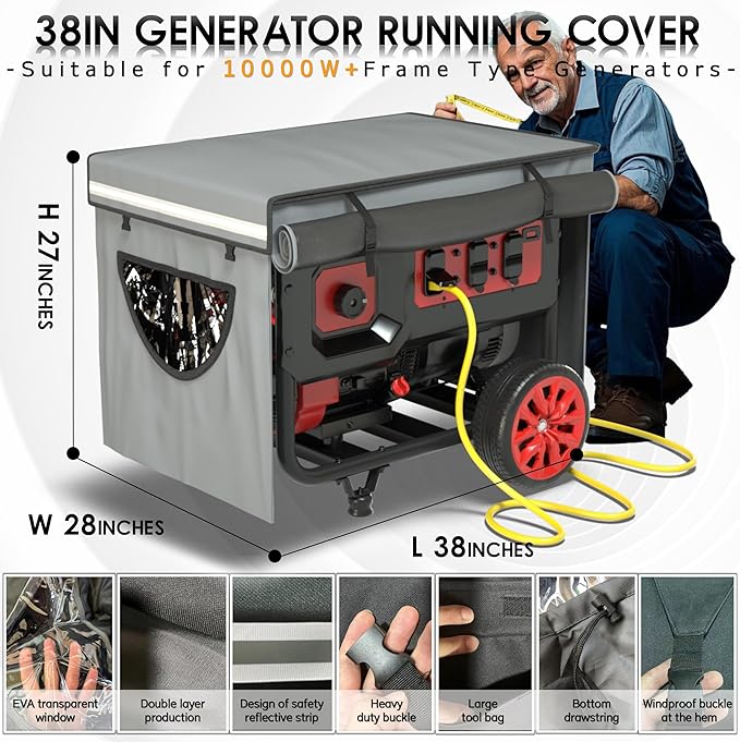 Generator Covers While Running, Generator Cover for Outside Heavy Duty Waterproof, 600+210D Double Layer Production,with Storage Bag, 38 "L x 28" W x 27 "H, for 12000W+ Frame Type Generators,Gray