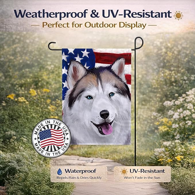 Caroline's Treasures CK6389GF Alaskan Husky American Flag Garden Flag Mailbox Flag Decorative Yard Flag Banner Outside Patio Artwork Yard Flower Beds, Garden Size, Multicolor