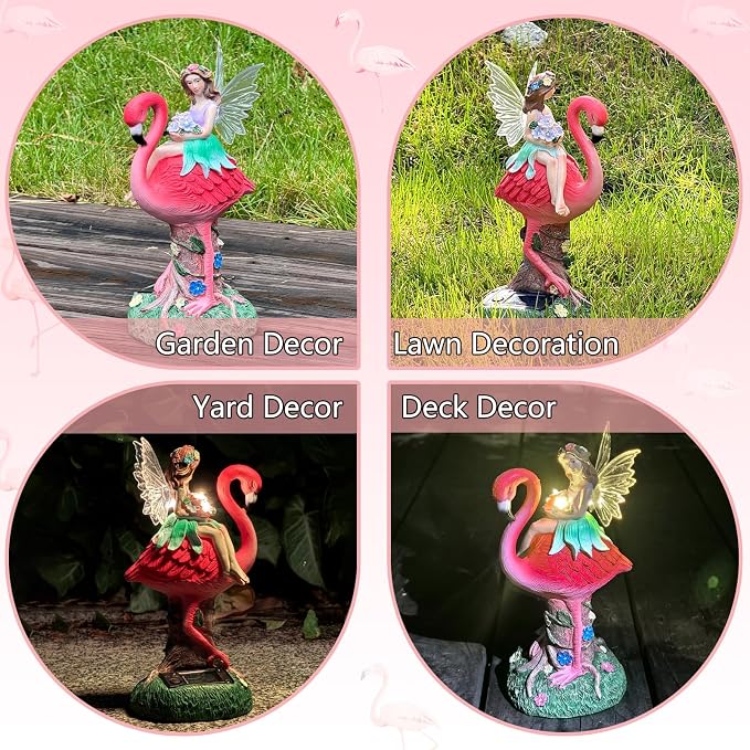 Solar Fairy & Flamingo Garden Decor Statue, Outdoor Funny Solar Light Decoration for Yard, Patio, Lawn, Unique Housewarming, Birthday Gift for Women, Mom, Grandma
