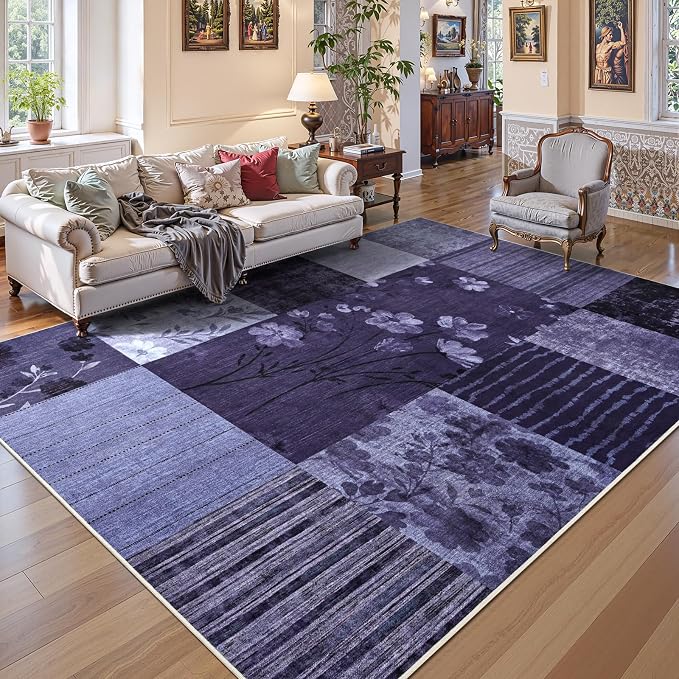 DweIke Floral Rugs for Living Room, 6x9 Washable Area Rug for Dining Room Farmhouse Office Bedroom Decor, Geometric Patchwork Stain Resistant Low Pile Indoor Floor Throw Rugs, Purple