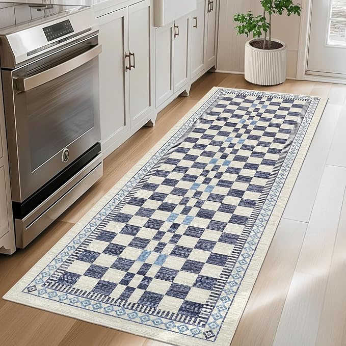 GarveeHome Runner Rug 2x10 for Kitchen Blue Contemporary Checkered Long Rug | Machine Washable Modern Abstract Runners for Bathroom Non-Slip Low Pile Easy-Clean Soft Area Rug for Bedroom Porch Hallway