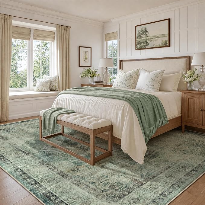 8x10 Muted Green Medallion Rugs for Living Room, Vintage Distressed Transitional Washable Large Rug for Bedroom Under Bed, Low Pile Thin Soft Carpet Rugs for Dining Room Office Modern Farmhouse