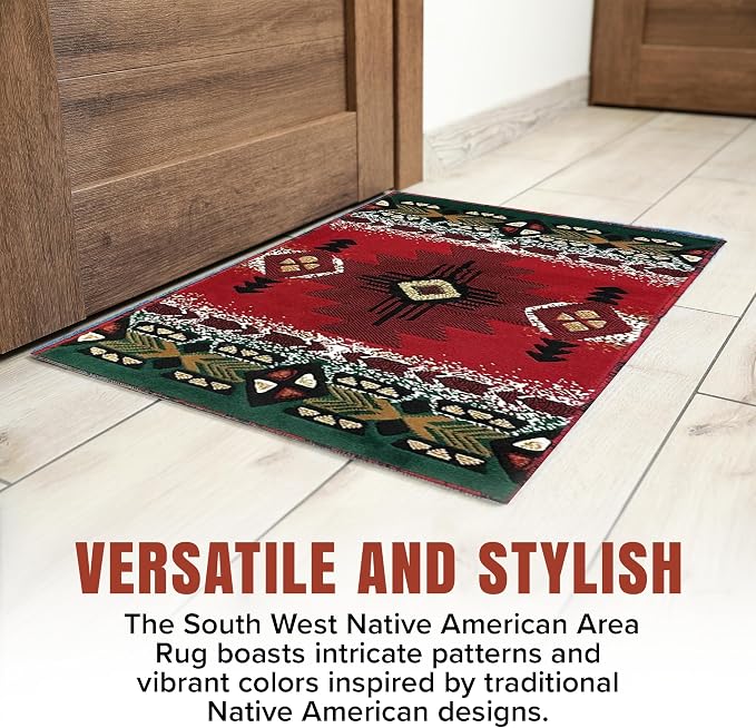 YHSF South West Native American Area Rug C318 - Easy Clean, Thick, Soft, Durable Native Tribal American Indian Inspired Rug for Bedroom/Living Room and More - Red, 3 Feet x 4 Feet 7 Inches