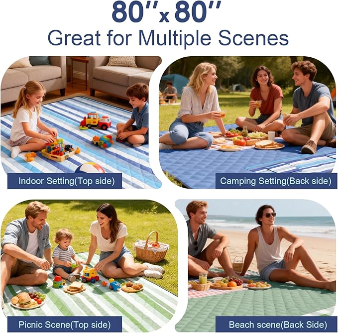 2 in 1 Tote Picnic Blanket Waterproof Outdoor Camping Mat,Large Capacity Beach Blanket 80''x80'' 7 Layers Easy to Foldable and Carry.