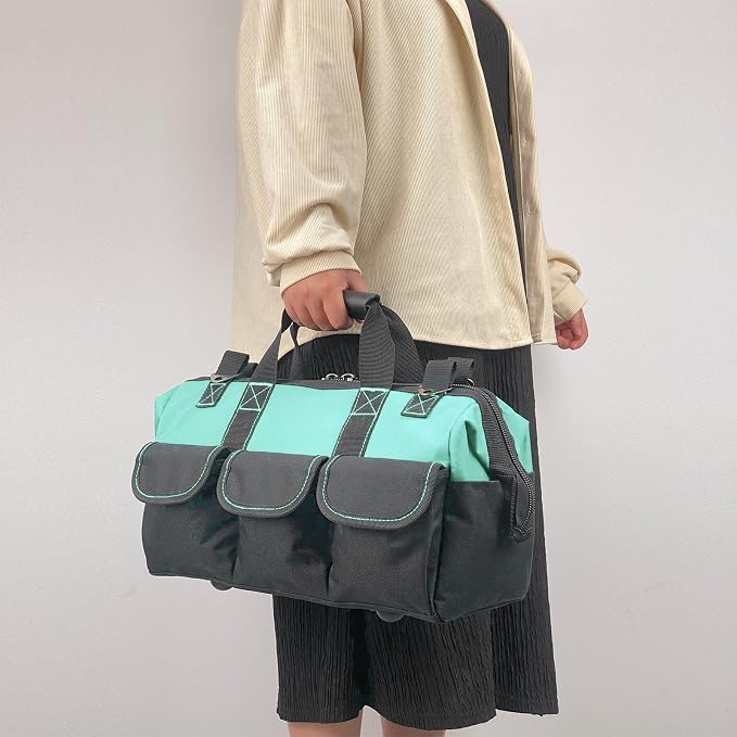 Women Heavy Duty Tool Bag with Molded base,Garden Storage Organizer for Tools,16 x 7.5 x 10.5 inches,600D Polyester Fabric(Teal)