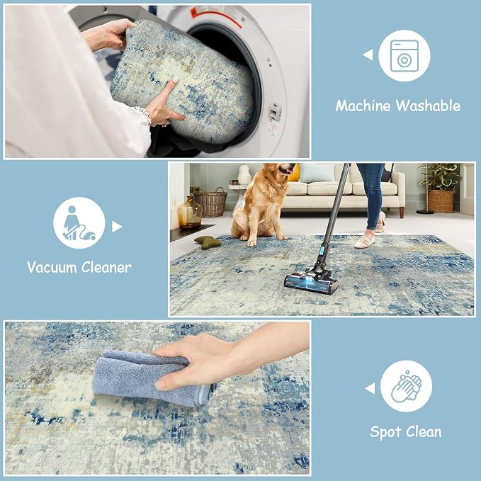 Lahome Modern Abstract Bathroom Runner Rug 2x8, Washable Entryway Rug Runners for Hallways Non Slip, Soft Non Skid Kitchen Carpet Runner for Living Laundry Bedroom RV, Blue