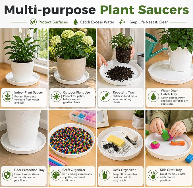 50 Packs 4 Inch Plastic Plant Saucers for Indoor Outdoor, Plant Water Catcher Tray for Pots, Bulk Flower Pot Saucers, Drip Trays for Potted Plants, Round Plates to Catch Water, White