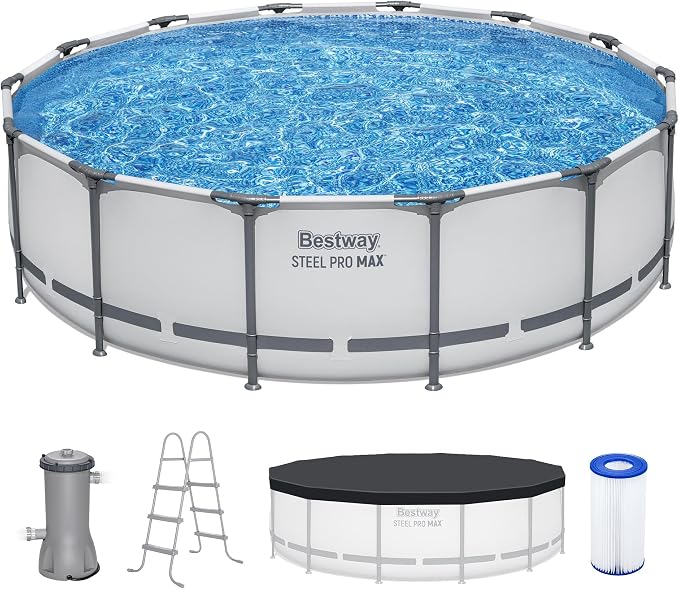 Bestway Steel Pro MAX 14' x 42" Above Ground Swimming Pool Set with Pump | Durable Round Metal Frame Outdoor Backyard Pool, Puncture-Resistant Liner - Ladder and Cover Included, Gray