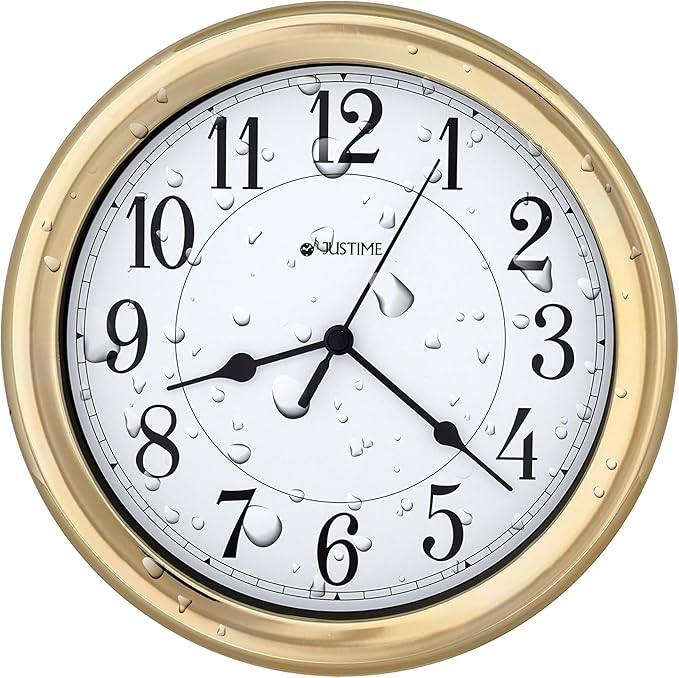 JUSTIME 8.5 Inch Water-Resistant Wall Clock for Bathroom, Kitchen, Boat, RV — Silent Non-Ticking, Battery Operated, 3-Point Mount, Indoor Outdoor Analog Clock for Humid Areas & Marine Use
