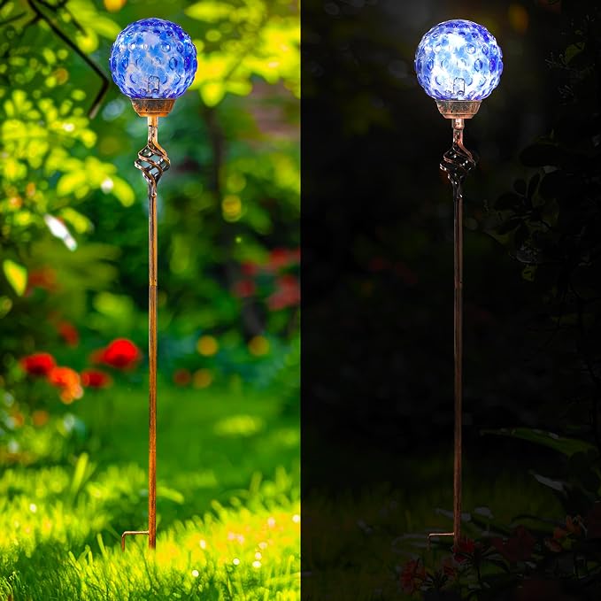 Garden Solar Lights Outdoor, Decorative LED Honeycomb Glass Ball Garden Stake, Glass and Metal Outdoor Decoration, 4 x 31 Inch (Dark Blue)