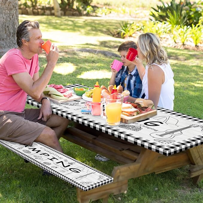 Picnic Table Cover with Bench Covers Elastic Edges, Farm Plaid Fitted Table Cover, Outdoor Patio Camping Essentials 72 Inch 3PCS, Waterproof Camping Fitted Tablecloth with Drawstring Bag