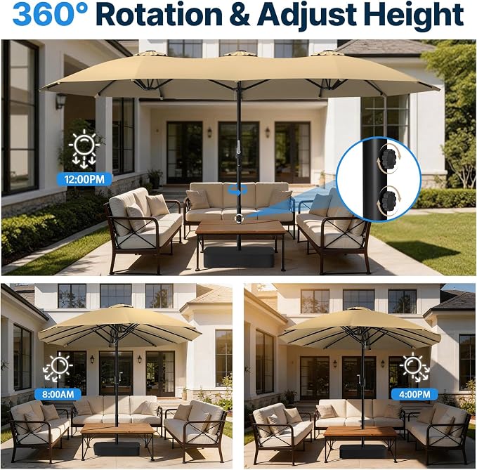 Suteck 15FT Patio Umbrella with Base Included - Double-Sided Outdoor Large Umbrella with & Crank Handle, UV & Fade Resistant Canopy for Poolside, Backyard, Deck and Market (Beige - with Base)