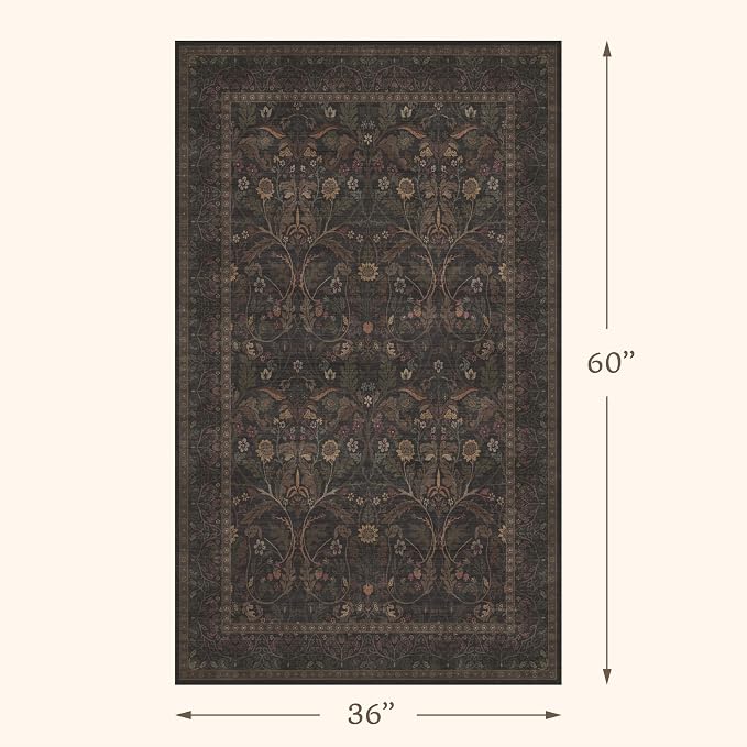 3x5 Rustic Brown Large Entry Way Area Rugs Indoor Washable - Non-Slip Low Pile Kitchen Floor Mats, Floral Botanical Bedroom Rug, Thin Waterproof Laundry Room Rugs Stain Resistant