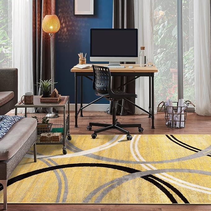 Rugshop Wavy Circles Jute Backing Living Room Area Rug Yellow 5'3" x 7'3" | Rectangular, Size 5'3" x 7'3", Bedroom, Dining Room, Home Office, Kitchen, Entryway, Hallway, Nursery, Kids Room, Guest Room