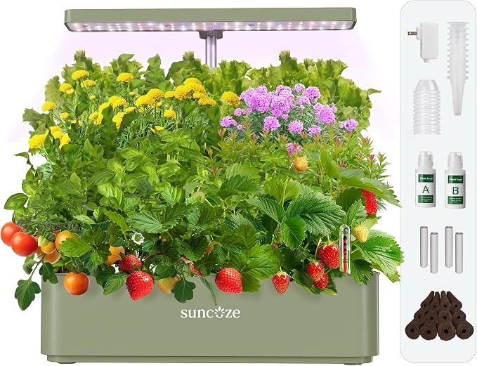 SUNCOZE Hydroponics Growing System, Compact 12 Pods Indoor Garden, Green | 24W LED Dimmable Grow Light, 4L Water Tank with Quiet Pump, Adjustable Height Herb Garden Planter Indoor Kit, Gardening Gifts