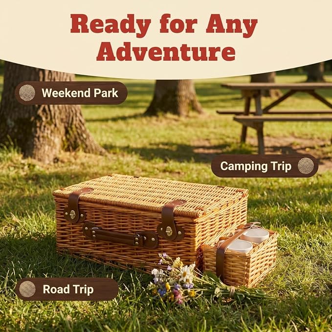 Multifunctional Wicker Picnic Basket Set for 2 Adults with Picnic Table and Blankets,Large Insulated Picnic Set with Wine Pouch and Full Tablewares for Camping Outdoor Couples Beach Wedding,Pink