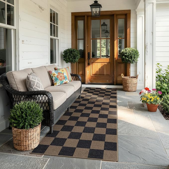 Lahome Colette Checkered Easy Jute 2x8 Runner Rug, Washable Kitchen Runner Rug Non Slip for Entryway Indoor, Checkerboard Black Indoor Outdoor Carpet for Hallway 8ft Entry Laundry Porch
