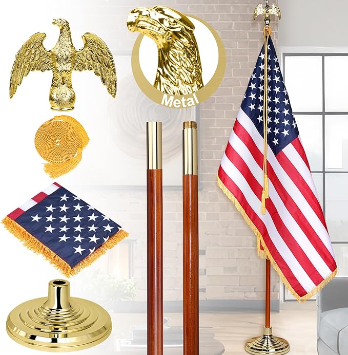 XIFAN Deluxe 8 FT Indoor American Flag and Pole Set - Solid Oak Pole, Metal Eagle Topper, Gold Fringed US Flag, Base Stand, Cord Tassel, for Lobby, Office, Auditorium, Conference Room - 8.6 FT Total