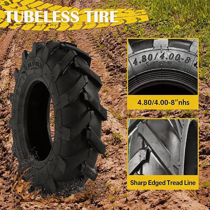 Upgraded 4.80 4.00-8 Tires Tubeless, 672LB Capacity Each, 16'' Turf Tire Compatible with J ohn Deere C ub Cad et H usqvarna C raftsman T roy-Bilt Lawn Mower, Tractor, Tiller, Wheelbarrow, 2 Pack