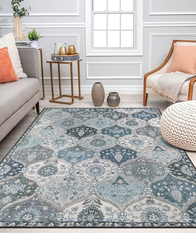 Lahome Moroccan Machine Washable Area Rugs, 4x6 Rug for Living Room Bedroom | Soft Non-Slip Rug Vintage Trellis Ultra-Thin Throw Carpet for Dining Room Office Elise, Blue