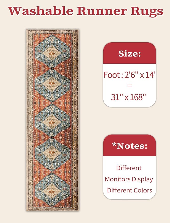 SERISSA 2'6"x14' Washable Non Slip Boho Runner Rug for Hallway | Ultra Soft Vintage Oriental Carpet Low-Pile Tribal Floor Carpet for Kitchen Bedroom Entryway Bathroom Laundry Room