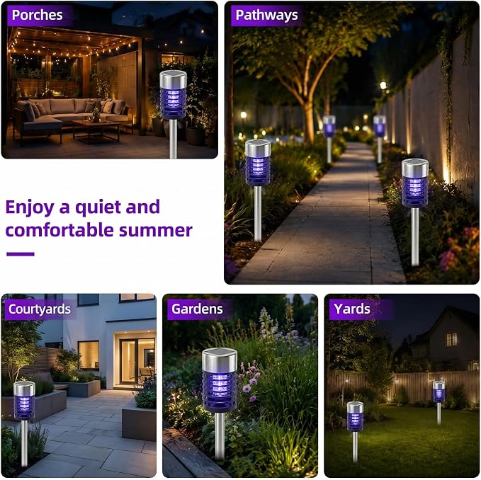 Solar Bug Zapper Outdoor Waterproof Mosquito Repellent Outdoor Patio Mosquito Trap & Killer for Backyard, Farm, Garden, 2026 Solar Powered Fly Zapper for Small Flying Insect, Gnats, Flies, Moths(4)