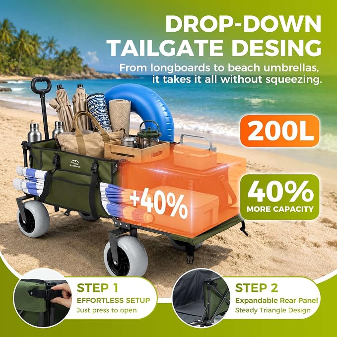 Heavy Duty Beach Wagon with 9" Big Sand-Proof Wheels, Extended Tailgate Design, 440lbs Folding Wagon Cart, 41" Utility Wagon with Side Bag, Adjustable Handle for Sand, Outdoor Green
