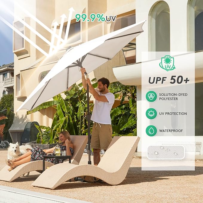 JEAREY 9FT Outdoor Patio Umbrella with Solar Lights, LED Lighted Pool Umbrella with Tilt and Crank, Outdoor Table Umbrellas for Deck, Yard & Market (Off White)