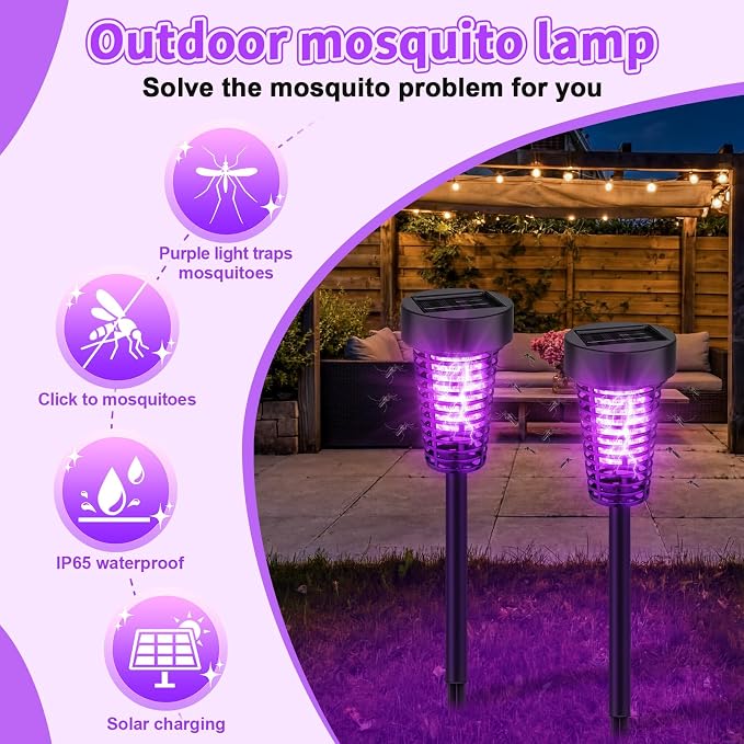 Qualirey 4 Pack Solar Bug Zapper Outdoor Waterproof Mosquito Repellent Killer Bug Zapper Lamp with LED Light for Outdoor Garden Patio Yard (Purple and Flame Light,Black)