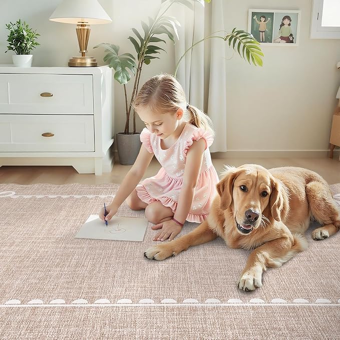 GarveeHome Scalloped Bow Rug 4x6 Washable Camel Rug for Bedroom Living Room | Non Slip Soft Low Pile Indoor Carpet for Nursery Girls Bedroom Decor Hallway Kids Room College Dorm Playroom