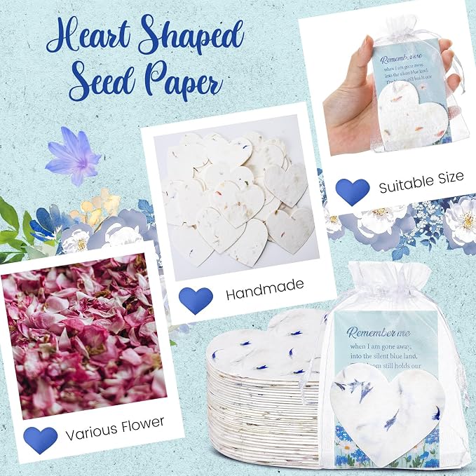 Dunzoom 50 Sets Funeral Favors for Guests Heart Shaped Seed Paper Seed Packet Funeral Memorial Party Favors Plantable Paper Cards and Organza Bags for Loss of Loved One Church Easter