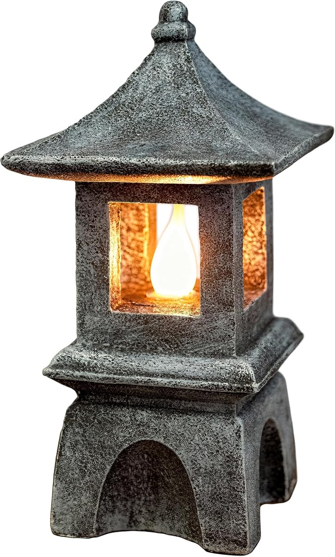 Solar Pagoda Lantern Japanese-Style with LED Flickering Flame Light, Zen Garden Statue Waterproof Resin Stone Finish Outdoor Decorations for Patio Yard Lawn, Housewarming Gifts for Mom Women