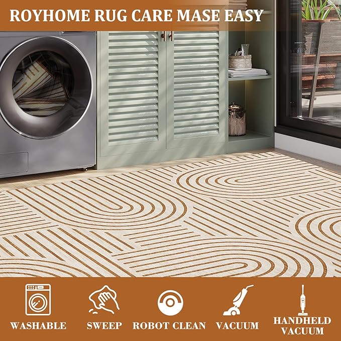 ROYHOME Modern Washable Rug 10x13 Area Rugs for Living Room Non Slip Orange | Abstract Rug for Bedroom, Rainbow Throw Rugs with Rubber Back, Low Pile Stain Resistant Boho Geometric Carpet for Dining Room