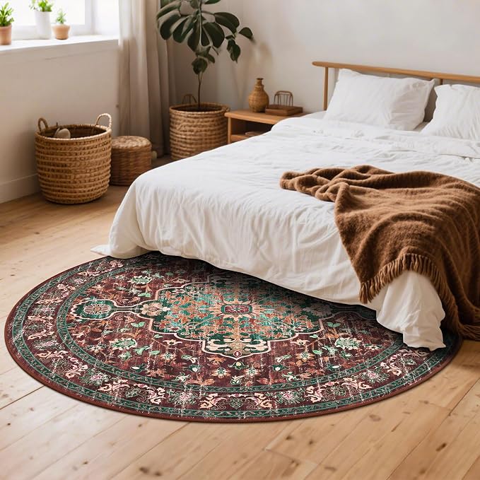U'Artlines Boho Round Area Rug 8ft Machine Washable Carpet, Rust＆Teal | Vintage, Low Pile, Non Slip, Ultra-Thin Soft Floor Carpet, Circle, Accent Rug for Living Room Bedroom Dining Room Office