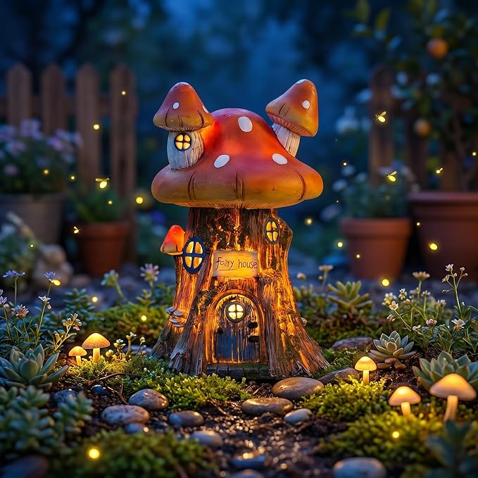 COWOS Mushroom House Sculptures, Collection of Resin Garden Sculptures, Resin Fairy House Statue, Solar Fairy Garden Figurine with Warm White Light Mushroom for Outdoor, Lawn, Yard Decoration