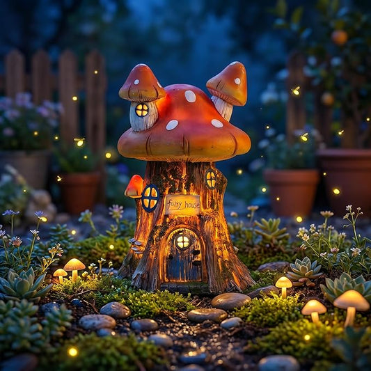 COWOS Mushroom House Sculptures, Collection of Resin Garden Sculptures, Resin Fairy House Statue, Solar Fairy Garden Figurine with Warm White Light Mushroom for Outdoor, Lawn, Yard Decoration