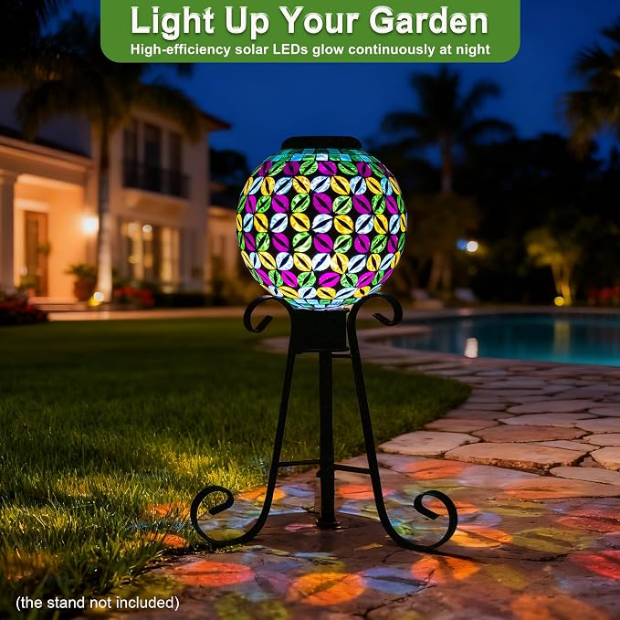 SAVENNA Mosaic Solar Gazing Ball 8 Inch,Glass Garden Globe with Auto On/Off for Yard, Lawn & Outdoor Decor,Multicolor