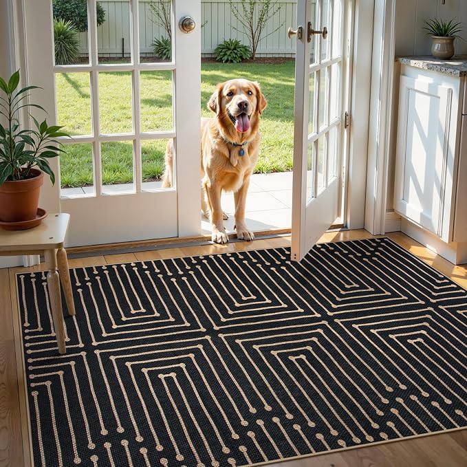 Lahome 3x5 Easy Jute Rugs for Entryway, Black and White Outdoor Rug | Modern Maze Lines Indoor Outdoor Patio Rug, Non Slip Stain Resistant Front Door Carpet for Porch Balcony