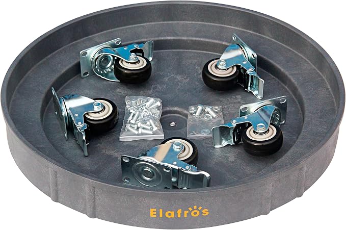 ELAFROS 30 Gallon and 55 Gallon Heavy Duty Plastic Drum Dolly – Durable Plastic Drum Cart 900 lb. Capacity- Barrel Dolly with Swivel Casters Wheel, Grey, with Brake