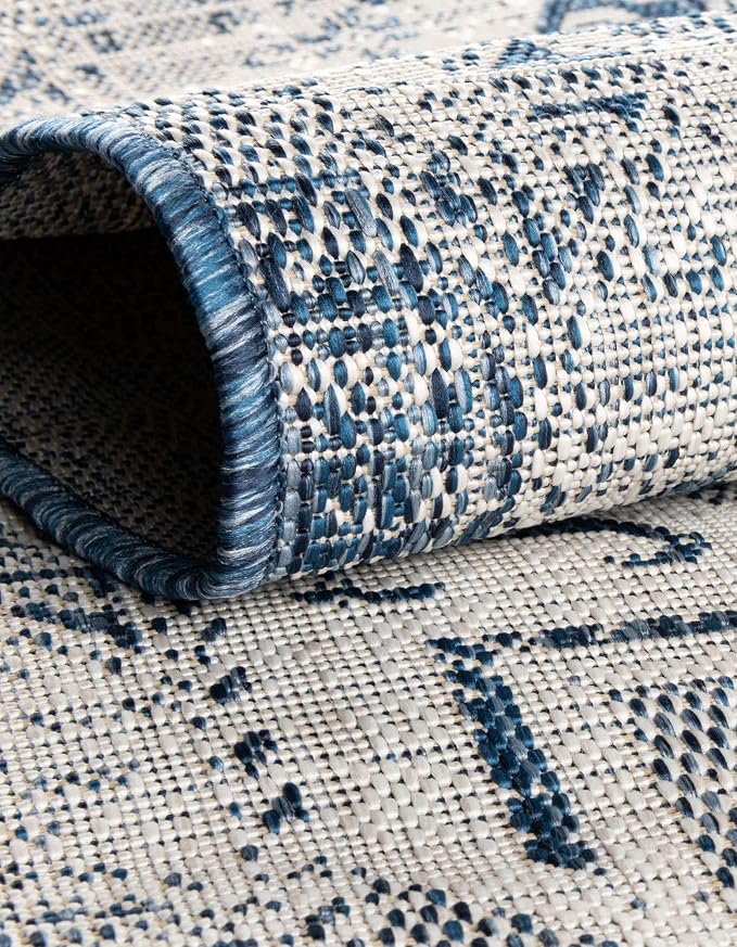 Unique Loom Outdoor Aztec Collection Area Rug - Coba (7' 10" Round, Blue/ Ivory)
