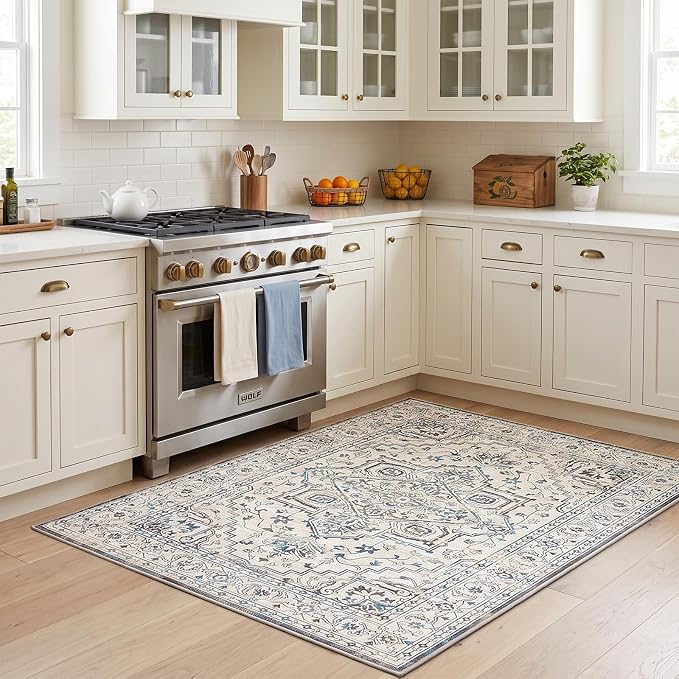 Vintage Washable Area Rug 4x6, Non-Slip Low-Pile Elegant Persian Carpet for Office Kitchen Bedroom Entryway, Stain Resistant Traditional Indoor Small Rug, Neutral Cream Blue