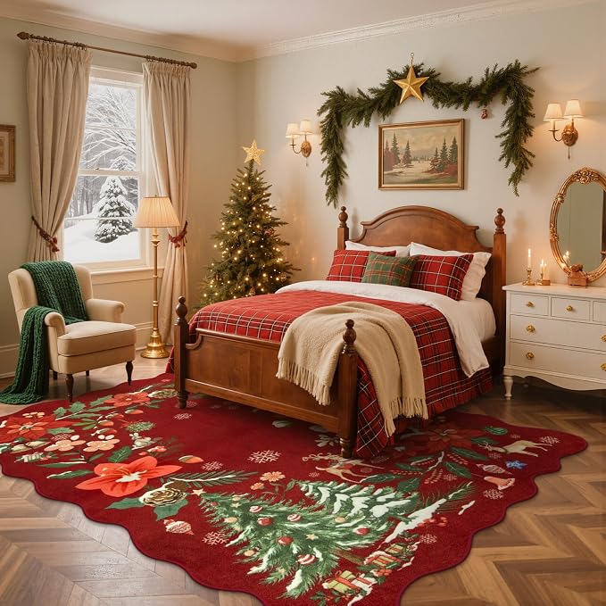 Lahome Floral Christmas Rugs for Living Room, 5x7 Christmas Area Rug for Bedroom Large Washable Carpet, Soft Stain Resistance Xmas Tree Carpets for Under Table Dining Room, Red