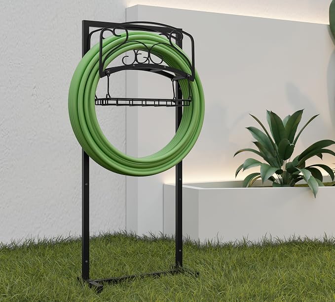 Kingson Portable Garden Hose Holder with Storage Basket - Heavy-Duty Freestanding Steel Stand, Holds 150FT Hose, Black Powder-Coated Finish, Detachable & Space-Saving Design with Tools