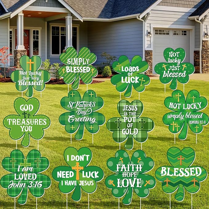 Menkxi 12 Pcs St. Patrick's Day Christian Yard Sign Decoration Outdoor with Stake Religious Saint Patty's Shamrock Green Jesus Cross Blessed Lawn Sign for Irish Faith Sunday School Church Garden Decor
