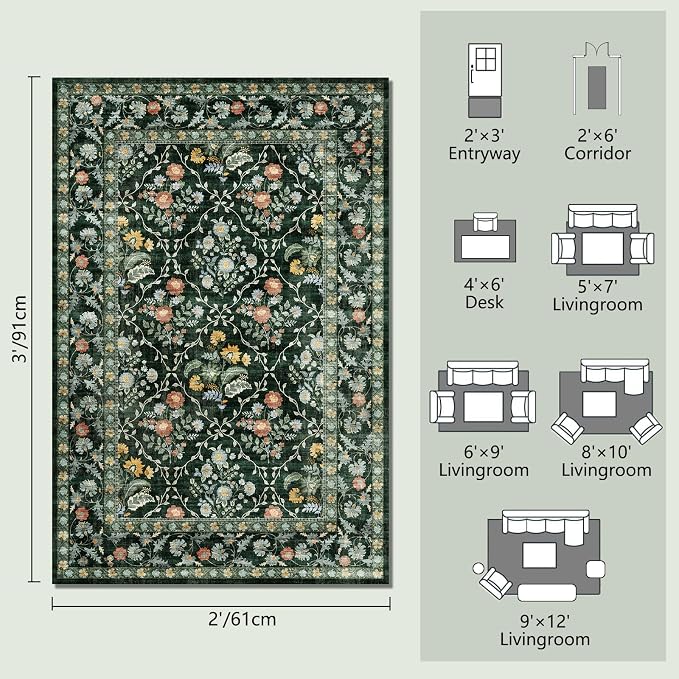 Vintage Botanical Dark Green Entryway Rug, 2x3 Kitchen Rugs Non Slip Washable Boho Green Forest Design, Soft Door Mat Indoor Entrance, Ultra-Thin Easy Clean Small Throw Carpet for Bedroom Bathroom