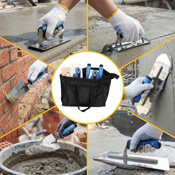 10pcs Concrete Trowel Tool Set,Professional Masonry Hand Tool Kit Includes Finishing Trowel,Pool Trowel,Wood Float,Gauging Trowel,Concrete Edger, Groover,Wire Twister Tool, Gloves and Tool Bag