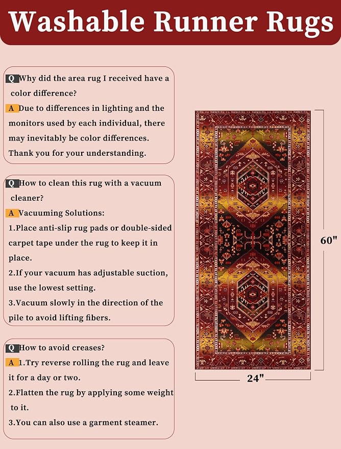 SERISSA 2x5 Washable Non Slip Boho Runner Rug for Hallway | Ultra Soft Vintage Oriental Carpet Low-Pile Rustic Red Gold Floor Carpet for Kitchen Bedroom Bathroom Laundry Living Room