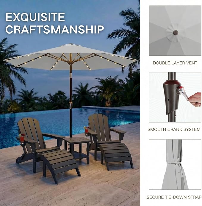 Kingdura 9FT Outdoor Patio Umbrella with Solar Lights, Market Table Umbrella with Push Button Tilt & Crank, 8 Sturdy Ribs, 32 LED Lights, UV Protection for Garden Lawn Deck Backyard Pool (Light grey)