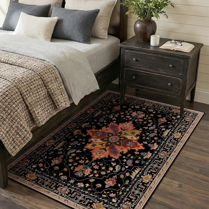 RELEANY Washable Area Rug, 3'x5', Black/Colorful | Non-Slip, Water Repellent, Pet Friendly, Easy to Clean, Vintage Floral Boho Decor for Living Room Bedroom Beside Kitchen